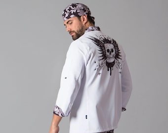 Skull Cam Chef jacket / coat - Ideal for Demanding Jobs in Hotels and Kitchens - Unisex, Double-Breasted, and Resistant -Embroidered Option