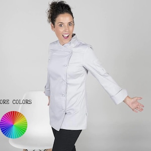 Jaqueta/casaco feminino de chef com nome bordado – manga comprida e confortável – ideal para baristas, chefs e cozinheiros em hotéis e cozinhas