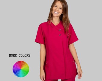 Tunique de santé en microfibre pour femmes avec boutons-pression cachés - Antibactérienne et hydrofuge - pour professionnels de la santé et spas - Personnalisation
