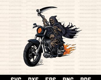 Grim Reaper Biker SVG PNG, Szkielet na motocyklu Cricut Pliki do cięcia, Gotycka czaszka jeźdźca Sublimacja Projekt Cyfrowe Pobieranie