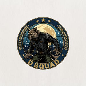 May include: Circular emblem featuring a werewolf in a police uniform against a cityscape and full moon backdrop. The design includes a dark blue border with stars and laurel leaves, and the text "D SQUAD" in gold.