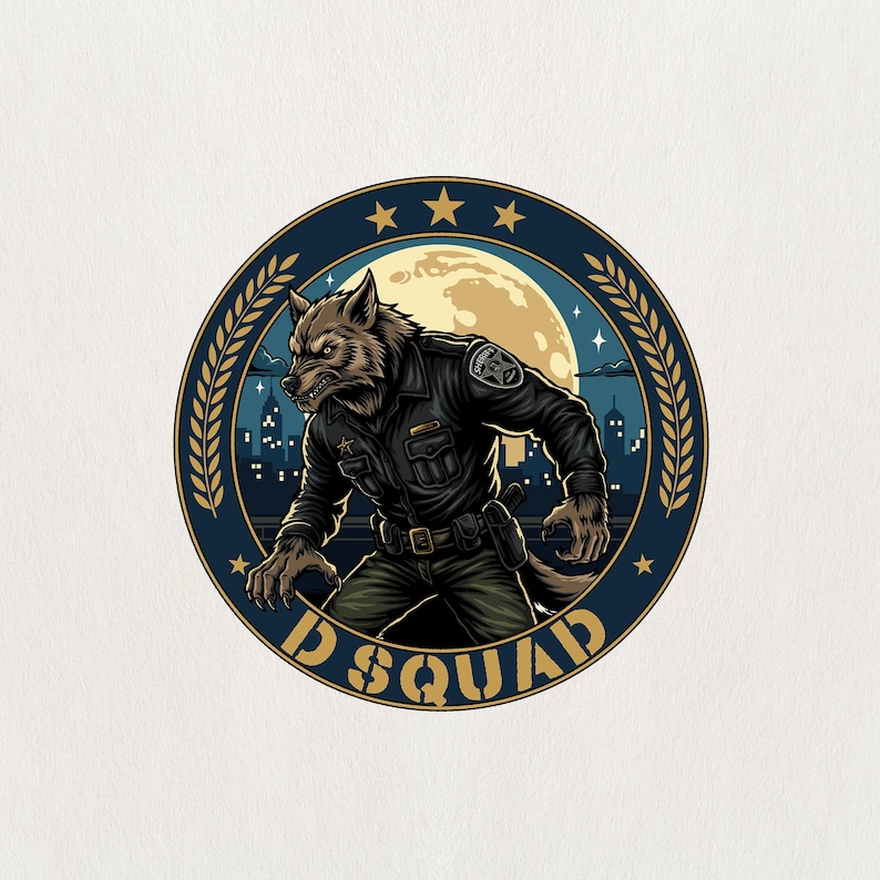 May include: Circular emblem featuring a werewolf in a police uniform against a cityscape and full moon backdrop. The design includes a dark blue border with stars and laurel leaves, and the text "D SQUAD" in gold.