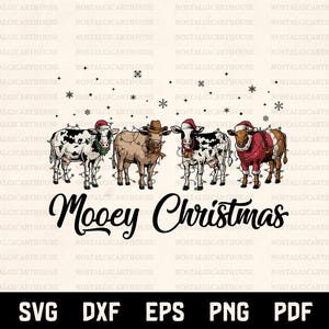 Mooey Christmas Svg Png, Vaca divertida navideña, Vaca con gorro de Papá Noel, Diseño navideño de animales de granja, Archivos Cricut, Diseño de sublimación imagen 1