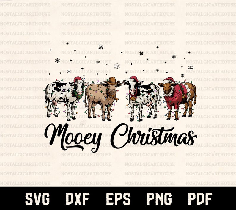 Mooey Christmas Svg Png, Vaca divertida navideña, Vaca con gorro de Papá Noel, Diseño navideño de animales de granja, Archivos Cricut, Diseño de sublimación imagen 1