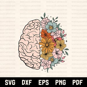 Brain Flowers Svg Png, Half Brain Half Floral Anatomy Art Cricut Cut Files, Psychology Mind Sublimation Design