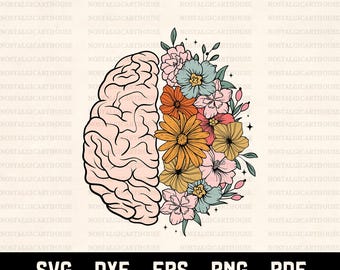 Brain Flowers Svg Png, Half Brain Half Floral Anatomy Art Cricut Cut Files, Psychology Mind Sublimation Design