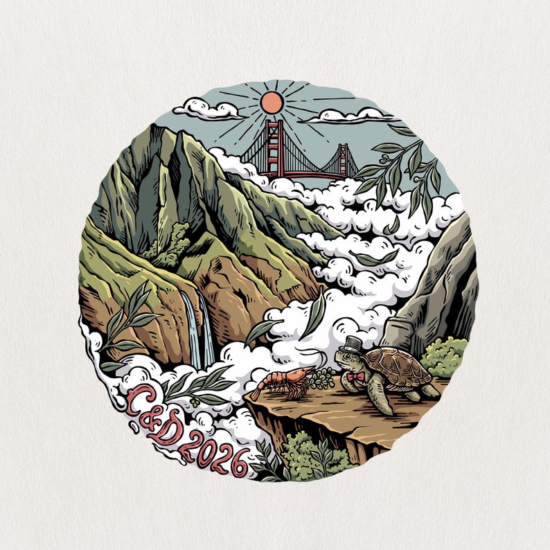 May include: Circular illustration featuring a mountain landscape with a waterfall, clouds, and the Golden Gate Bridge. A turtle and a shrimp are on a cliff. The text "C&D 2026" is at the bottom.