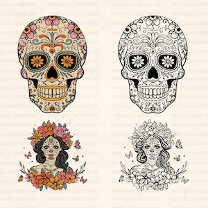 Sugar Skull SVG PNG EPS, Catrina Calavera Clipart, Floral Mexican Skull, Sublimation Design, Halloween Skull Bundle Digital Download