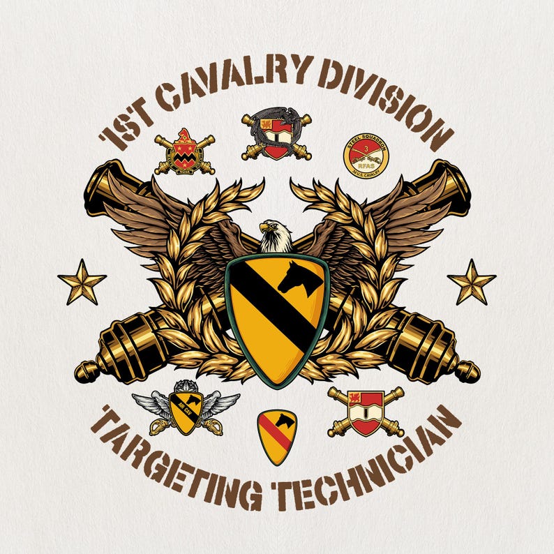 May include: An intricate illustration with the text "1st Cavalry Division Targeting Technician." The design incorporates crossed cannons, an eagle, and multiple emblems in gold, brown, and yellow. Stars and laurel branches are also included.