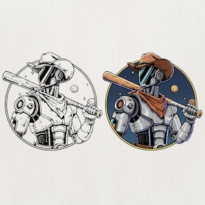 May include: Illustration of a robot cowboy holding a baseball bat. The robot wears a brown cowboy hat, a red bandana, and has a metallic body. The image is set in a circular frame with a space-themed background.