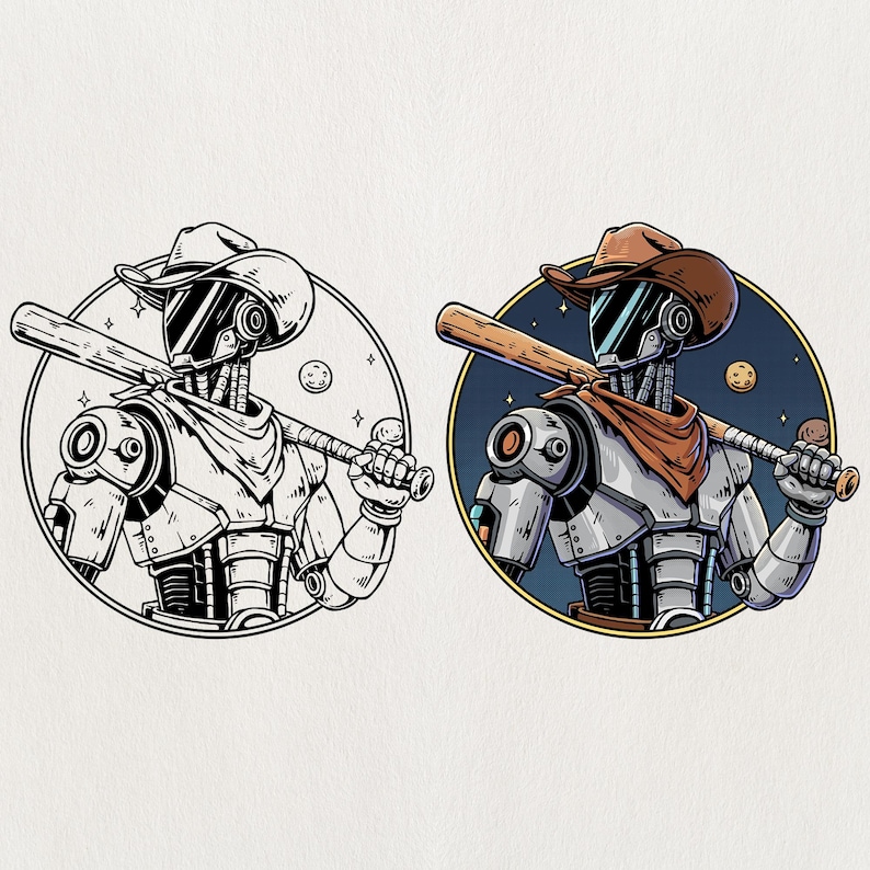 May include: Illustration of a robot cowboy holding a baseball bat. The robot wears a brown cowboy hat, a red bandana, and has a metallic body. The image is set in a circular frame with a space-themed background.