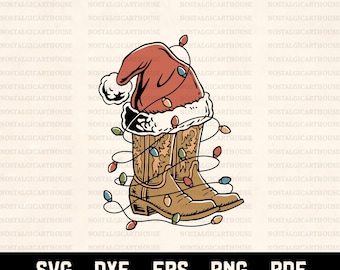 Botas navideñas de vaquero SVG PNG, gorro de Papá Noel con luces del oeste, archivo de sublimación navideña rústica