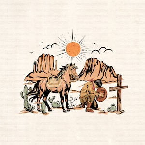 Praying Cowboy Memorial Svg, Cowboy kneeling, Retro Cowboy Png, Horse Rugged Cross, Western Sublimations Design, Country Western Png.