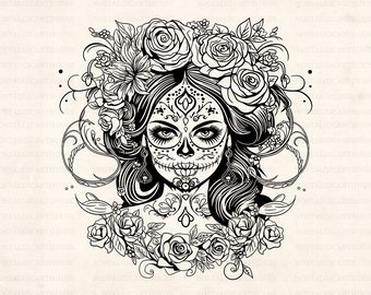 Sugar Skull Svg, Skull Girl Flower Silhouette, Tattoo Skull Girl Art Svg, Pink Skull Png, Eps, Png, Jpeg