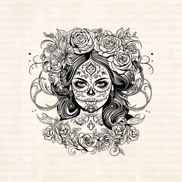 Sugar Skull Svg, silhouette fleur fille tête de mort, tatouage tête de mort fille art Svg, tête de mort rose Png, Eps, Png, Jpeg