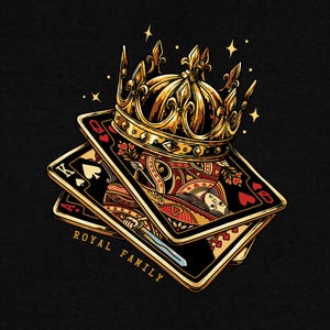 May include: Illustration of playing cards with a gold crown on top. The cards are the Queen of Hearts and the King of Spades. The text "ROYAL FAMILY" is printed on the cards. The background is black.