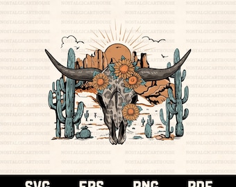 Cráneo de vaca del desierto occidental, girasol, cráneo de toro occidental de leopardo, salvaje oeste, cráneo de cuernos largos, diseño retro occidental.