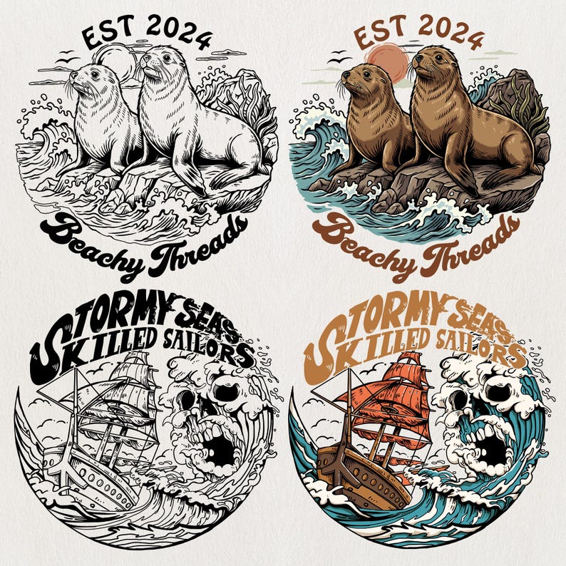 May include: Four circular illustrations with a nautical theme. Two feature seals with the text "Beachy Threads" and "EST 2024". The other two depict a ship, skull, and the text "Stormy Seas Skilled Sailors". The designs use black, white, brown, and teal.