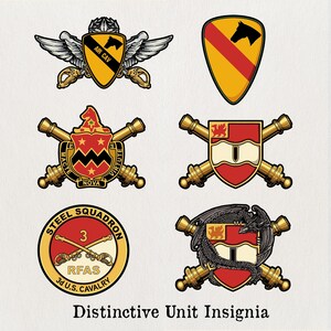 May include: Six military unit insignia designs are displayed. Each emblem has a shield shape with symbols such as wings, cannons, and a horse. The text "Distinctive Unit Insignia" is at the bottom of the image.
