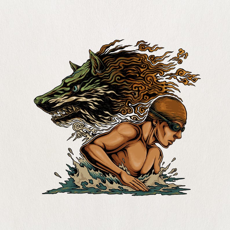 May include: Illustration of a swimmer in a brown swim cap and goggles, emerging from water. A green and black wolf head with stylized brown flames is above the swimmer, creating a dynamic and artistic composition.