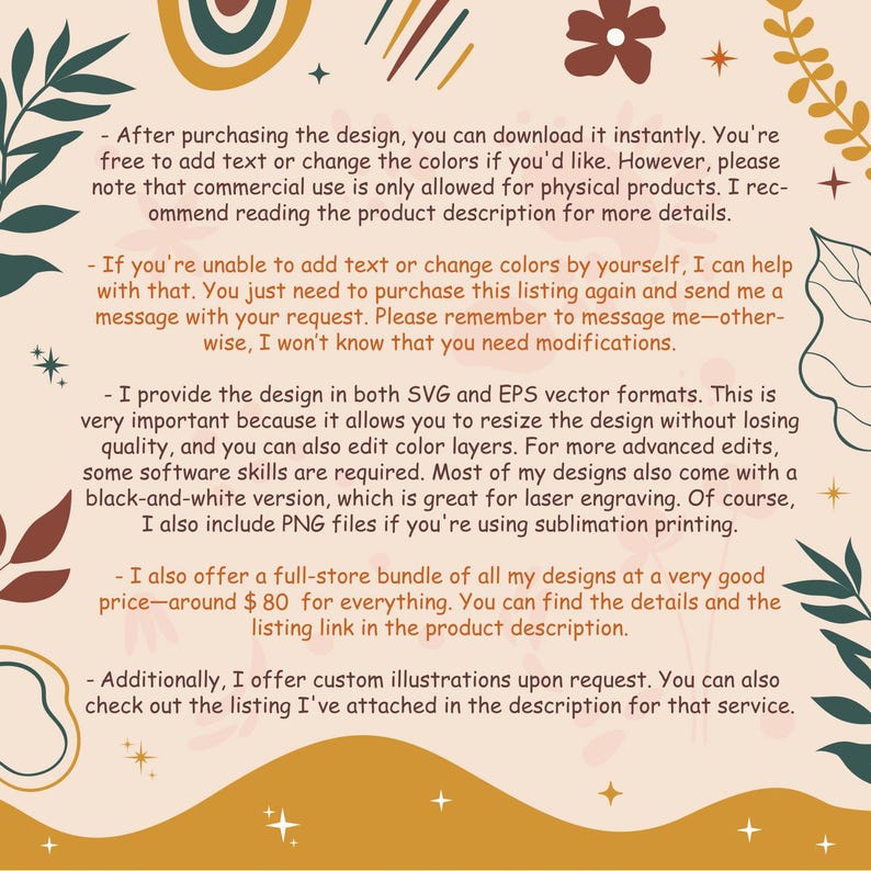 May include: A beige digital art design with text and decorative elements. The text provides information about the product, including file formats, customization options, and a full-store bundle. The design includes floral and geometric shapes.