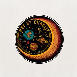 May include: Circular logo with the text "ART BY CHARLIE" in a stylized font. The design features a crescent moon shape with planets, stars, and constellations. Two paintbrushes frame the design. The color palette includes black, orange, yellow, blue, and red.