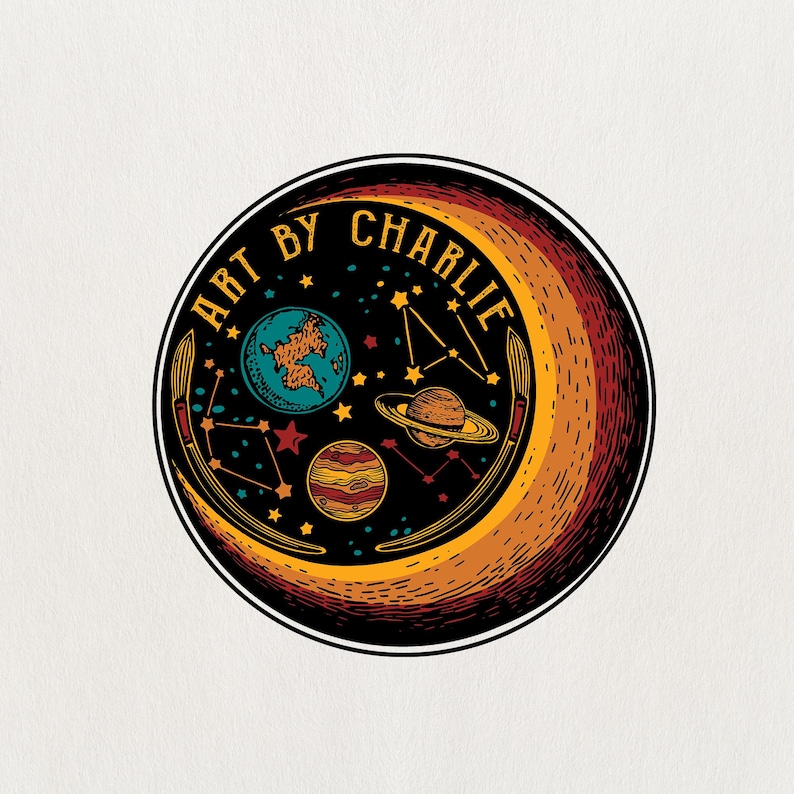 May include: Circular logo with the text "ART BY CHARLIE" in a stylized font. The design features a crescent moon shape with planets, stars, and constellations. Two paintbrushes frame the design. The color palette includes black, orange, yellow, blue, and red.