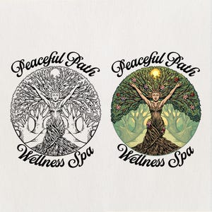 May include: Two versions of a logo for Peaceful Path Wellness Spa. One is a black and white line drawing of a woman with arms raised, her body forming a tree. The other is a color version with a green and brown color scheme.