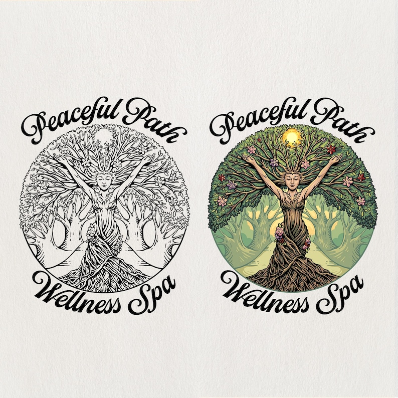 May include: Two versions of a logo for Peaceful Path Wellness Spa. One is a black and white line drawing of a woman with arms raised, her body forming a tree. The other is a color version with a green and brown color scheme.