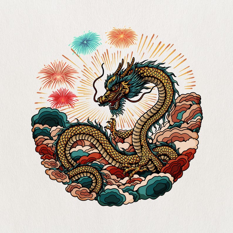 May include: A golden dragon illustration with a teal mane and red accents, surrounded by colorful clouds and fireworks. The dragon is in a circular design, with a detailed, stylized appearance.