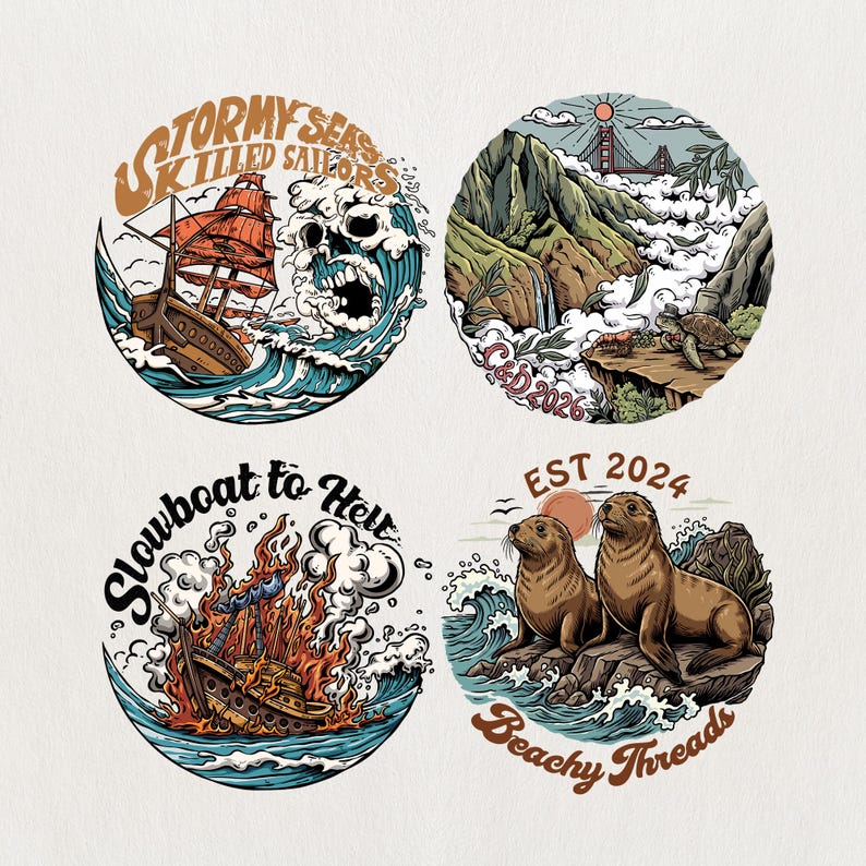 May include: Four circular illustrations with nautical and nature themes. One shows a ship in a storm with text "Stormy Seas Killed Sailors". Another depicts mountains, a bridge, and a turtle. A third shows a burning ship with "Slowboat to Hell". The last shows seals and text "Beachy Threads".