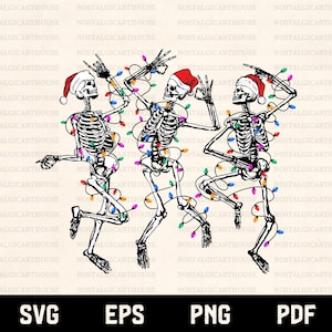 Esqueleto navideño SVG PNG, divertidos esqueletos bailando con gorros de Papá Noel y luces navideñas, diseño de sublimación navideño "Muerto por dentro"