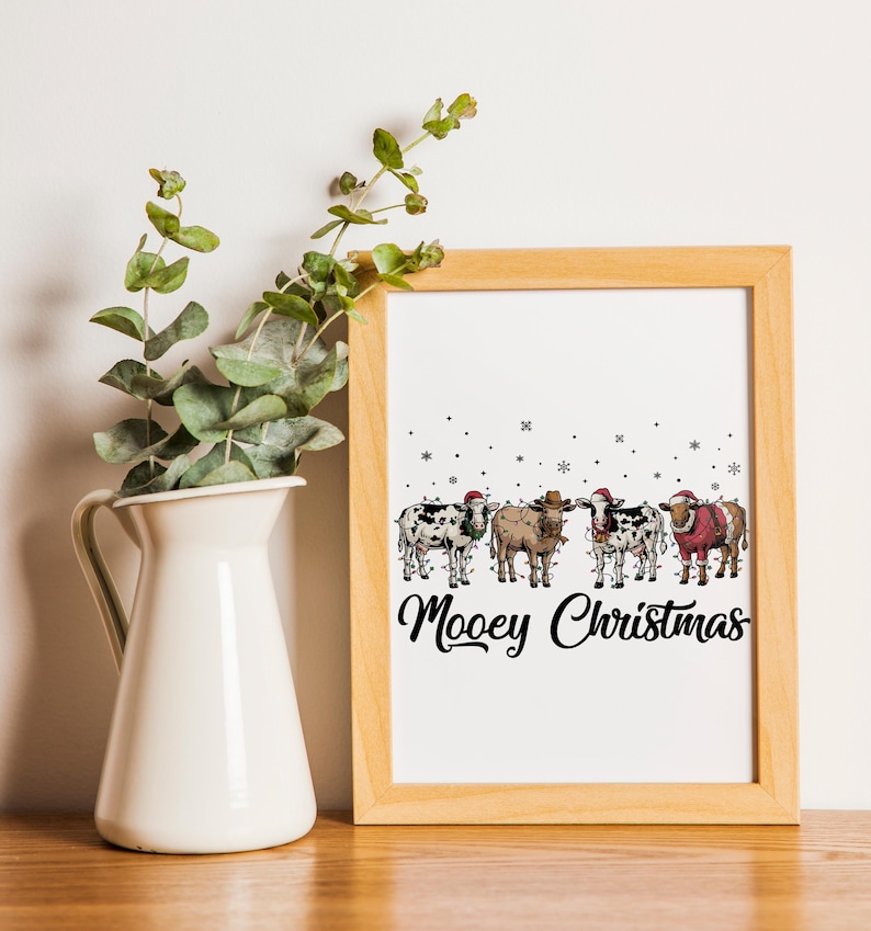 Mooey Christmas Svg Png, Vaca divertida navideña, Vaca con gorro de Papá Noel, Diseño navideño de animales de granja, Archivos Cricut, Diseño de sublimación imagen 5