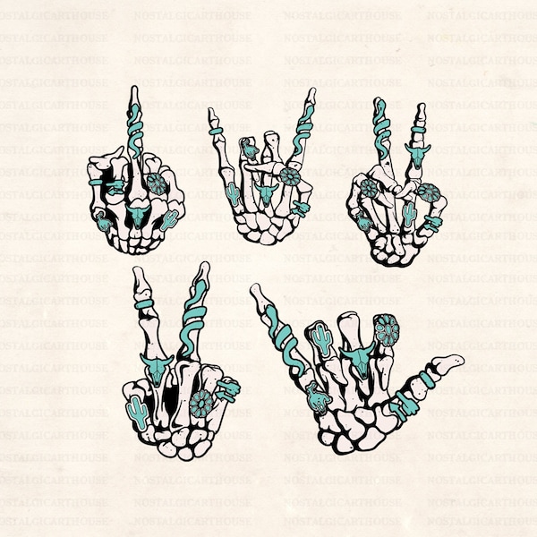 Western Skeleton Jewelry Png, Skeleton Middle Finger, Western Turquoise Jewelry, Western Design.