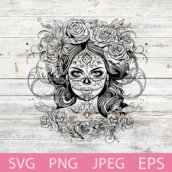 Sugar Skull Svg, Skull Girl Flower Silhouette, Tattoo Skull Girl Art Svg, Pink Skull Png, Eps, Png, Jpeg