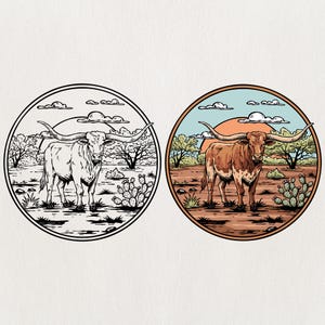 May include: Two circular illustrations of a longhorn steer in a desert landscape. One is a black and white line drawing, the other is a color illustration with a brown steer, green cacti, and a sunset. The steer has large, curved horns.