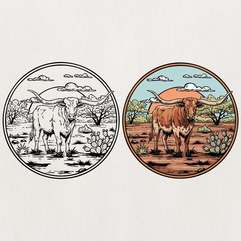 May include: Two circular illustrations of a longhorn steer in a desert landscape. One is a black and white line drawing, the other is a color illustration with a brown steer, green cacti, and a sunset. The steer has large, curved horns.