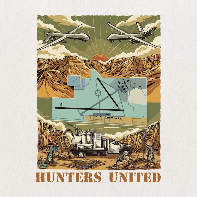 May include: An illustration depicting two drones above a desert scene, with an airfield map in the centre. A truck and two figures are at the bottom, with the text "Hunters United" in a brown font.