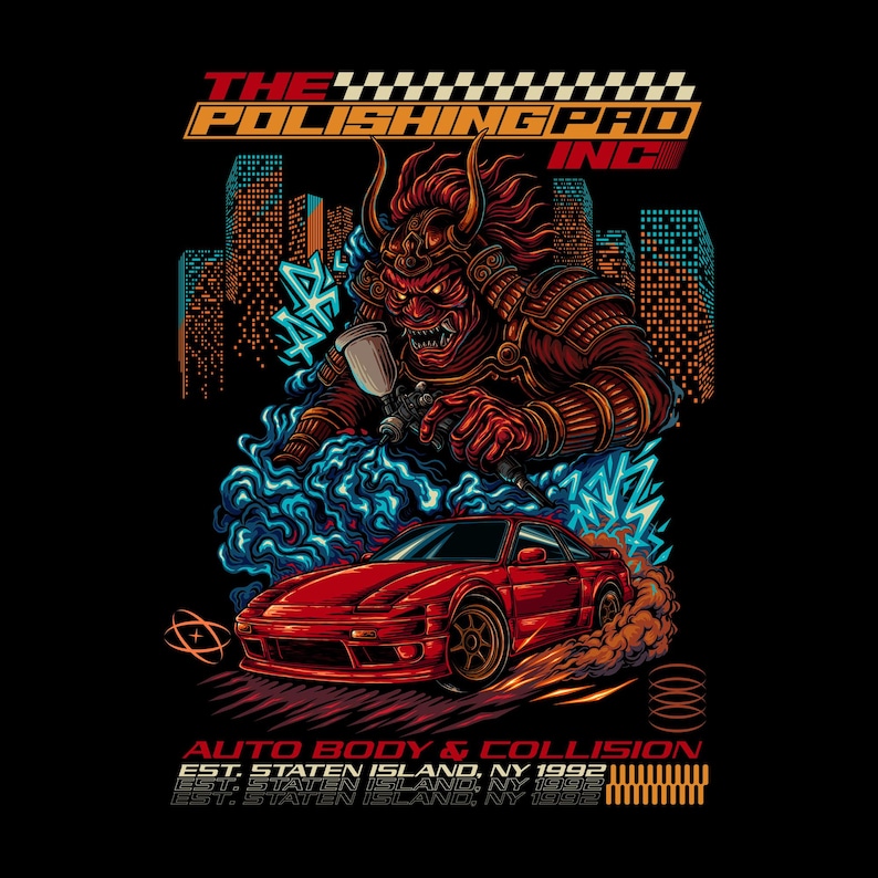 May include: Illustration of a red sports car with smoke, a samurai figure with a spray gun, and text reading "THE POLISHING PAD INC." and "AUTO BODY & COLLISION". The background shows city buildings.