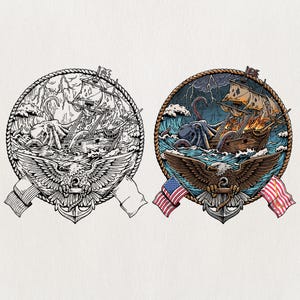 May include: A detailed illustration of a nautical scene featuring a ship under attack by a giant octopus. The design is framed by a rope circle, an eagle, an anchor, and American flags. The ship is on fire, and the octopus is in the sea.