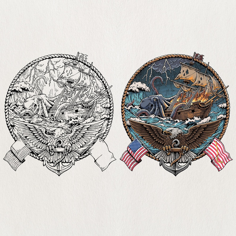 May include: A detailed illustration of a nautical scene featuring a ship under attack by a giant octopus. The design is framed by a rope circle, an eagle, an anchor, and American flags. The ship is on fire, and the octopus is in the sea.