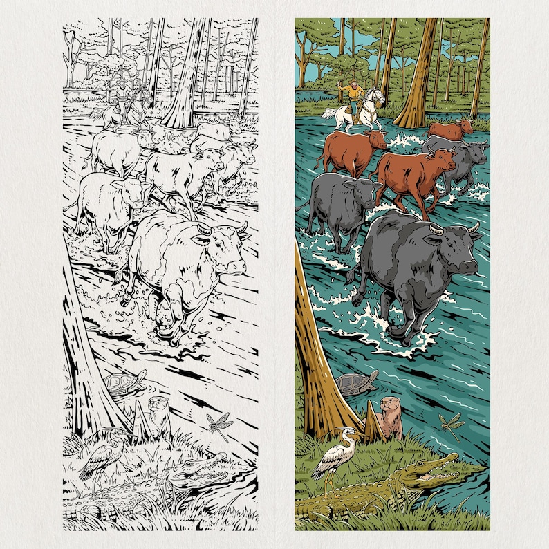 May include: An illustration depicting cattle being driven through a river, with a cowboy on horseback in the background. The artwork presents a colour version alongside a black and white version. The colour version shows the cattle in shades of brown and grey.