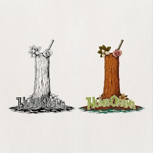 May include: Two stylized illustrations of a cocktail. One is black and white, the other is brown and green. Both feature a tree trunk with flowers and a straw. The text "HumbOhana" is at the base.