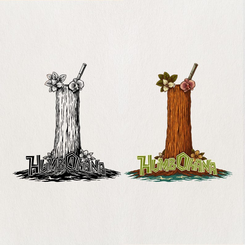 May include: Two stylized illustrations of a cocktail. One is black and white, the other is brown and green. Both feature a tree trunk with flowers and a straw. The text "HumbOhana" is at the base.