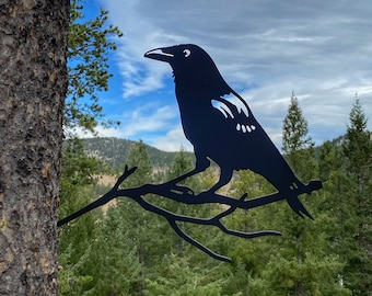 Metal Raven on a Branch - Tree Bird Hammer-in Outdoor Backyard Art - Metal Bird - Metalbird - Steel Bird - Halloween Crow - Raven