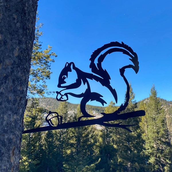 Metal Squirrel on a Branch - Tree Bird Hammer-in Outdoor Backyard Art - Metal Bird - Metalbird - Steel Bird - Grey Squirrel - Black Squirrel