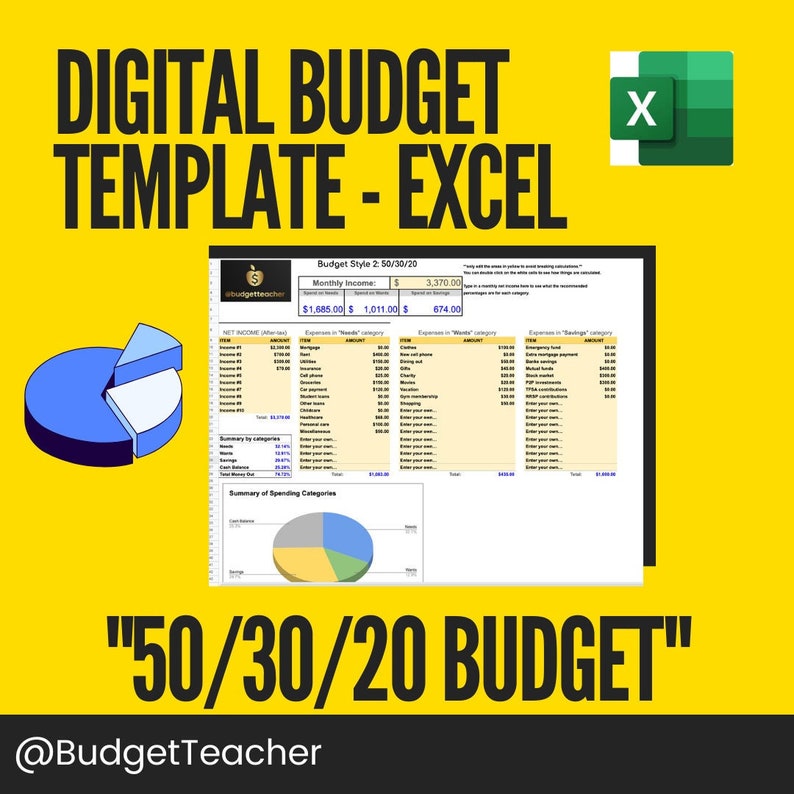 Digital 50 30 20 Budget Downloadable Excel Spreadsheet Template - Etsy