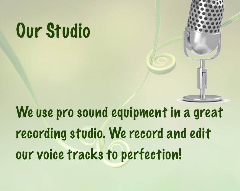 May include: Image with text that reads "Our Studio". A silver microphone is on the right. The text below says, "We use pro sound equipment in a great recording studio. We record and edit our voice tracks to perfection!"