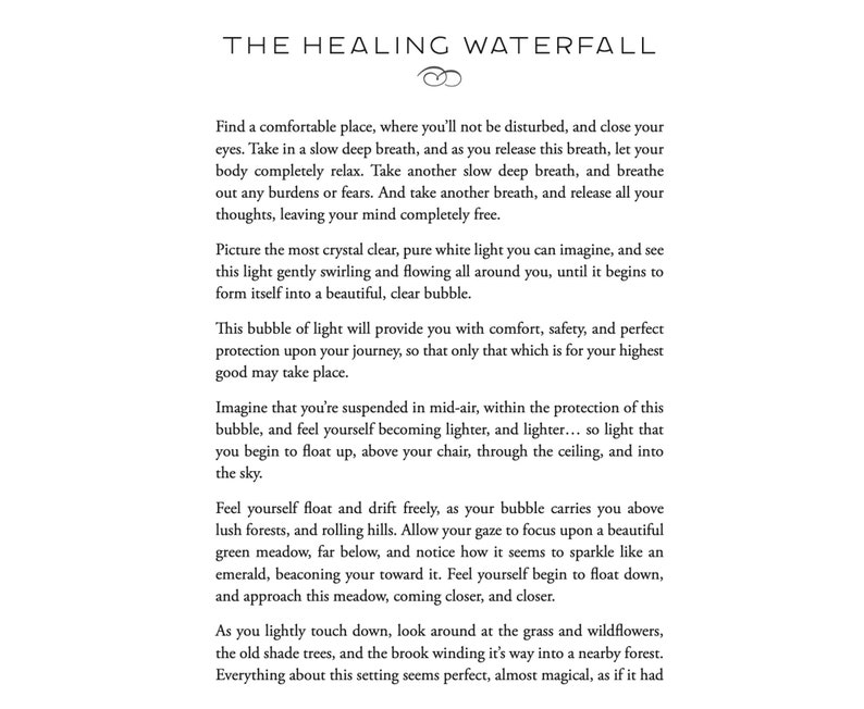 May include: A white page with the title "THE HEALING WATERFALL" in a serif font. The text describes a guided meditation, encouraging relaxation and visualization of a peaceful scene with a meadow and forest.