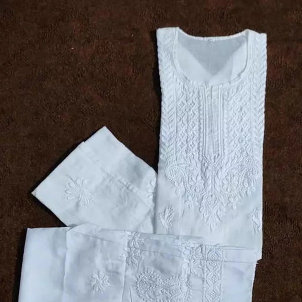 New Lucknowi Cotton Kurtis Women Chikan Embroidery Pure Cotton Straight Kurta White kurti With white Pant Embroidery Handmade Work kurti set